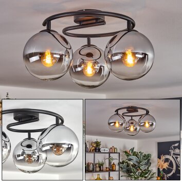 Gastor ceiling light, globe light 37 cm chrome, clear, Smoke-coloured, 3-light sources