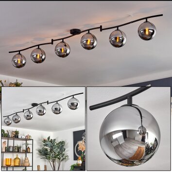 Gastor ceiling light, globe light chrome, Smoke-coloured, 6-light sources