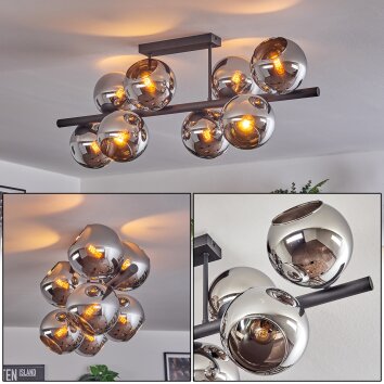 Gastor ceiling light, globe light chrome, Smoke-coloured, 8-light sources