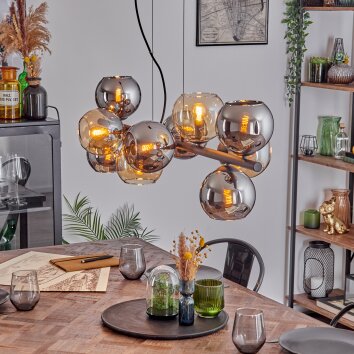 Gastor hanging light, globe light, pendant light Amber, chrome, Smoke-coloured, 10-light sources