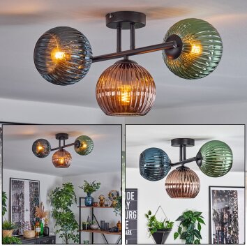 Koyoto ceiling light, globe light blue, green, coppery, 3-light sources