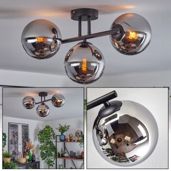 Gastor ceiling light, globe light chrome, Smoke-coloured, 3-light sources