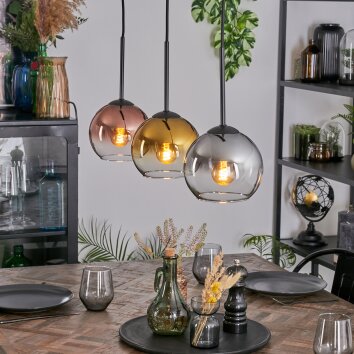 Koyoto hanging light, globe light, pendant light chrome, gold, clear, coppery, Smoke-coloured, 3-light sources