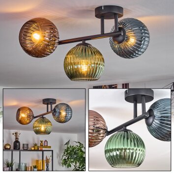 Koyoto ceiling light, globe light blue, green, coppery, 3-light sources