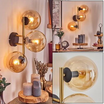 Gastor globe light, wall light gold, black, 3-light sources