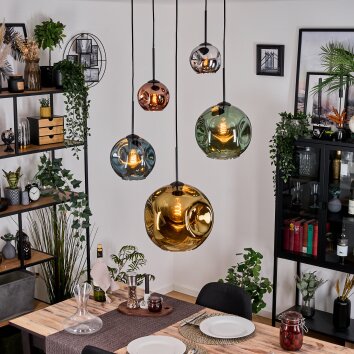 Ripoll hanging light, globe light, Cluster pendant lamp blue, chrome, gold, green, coppery, Smoke-coloured, 5-light sources