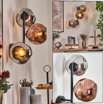 Ripoll globe light, wall light chrome, coppery, Smoke-coloured, 3-light sources