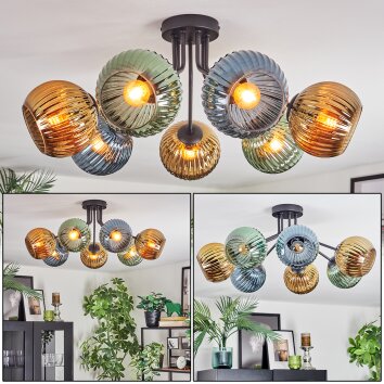 Koyoto ceiling light, globe light blue, gold, green, 7-light sources