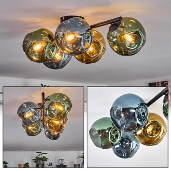 Ripoll ceiling light, globe light blue, gold, green, 5-light sources
