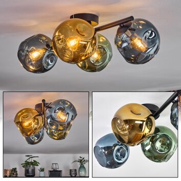 Ripoll ceiling light, globe light blue, gold, green, 4-light sources