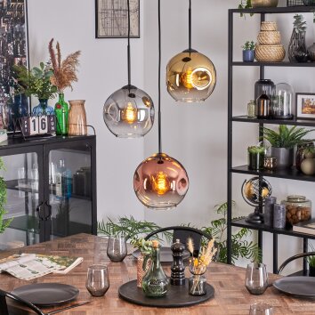 Ripoll hanging light, globe light, Cluster pendant lamp chrome, gold, clear, coppery, Smoke-coloured, 3-light sources