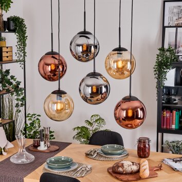 Gastor hanging light, globe light, pendant light Amber, chrome, coppery, Smoke-coloured, 6-light sources