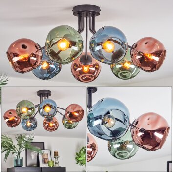 Ripoll ceiling light, globe light blue, green, coppery, 7-light sources