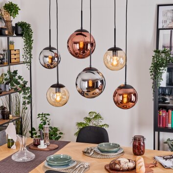 Gastor hanging light, globe light, pendant light Amber, chrome, coppery, Smoke-coloured, 6-light sources
