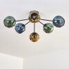 Ripoll ceiling light, globe light blue, gold, green, 6-light sources
