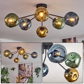 Ripoll ceiling light, globe light blue, gold, green, 6-light sources