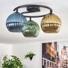 Koyoto ceiling light, globe light blue, gold, green, 3-light sources