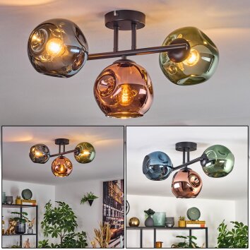 Ripoll ceiling light, globe light blue, green, coppery, 3-light sources