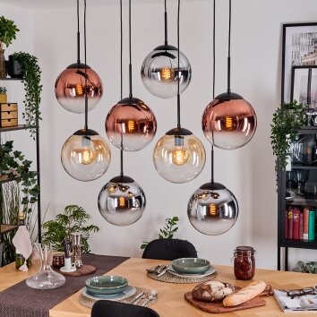 Gastor hanging light, globe light, pendant light Amber, chrome, clear, coppery, Smoke-coloured, 8-light sources