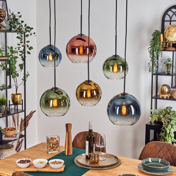 Koyoto hanging light, globe light, pendant light blue, gold, green, clear, coppery, 6-light sources