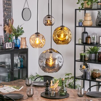 Ripoll hanging light, globe light, Cluster pendant lamp Amber, chrome, gold, Smoke-coloured, 4-light sources