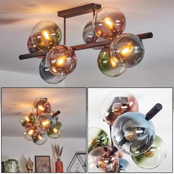 Gastor ceiling light, globe light blue, green, clear, coppery, 8-light sources