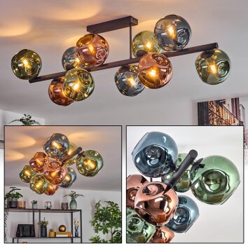 Ripoll ceiling light, globe light blue, green, coppery, 10-light sources
