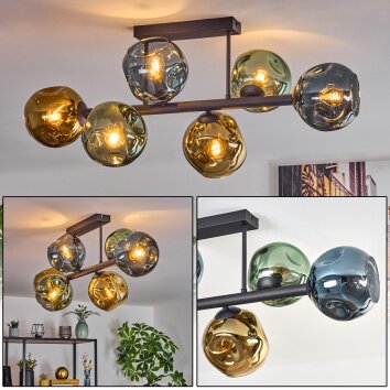 Ripoll ceiling light, globe light blue, gold, green, 6-light sources