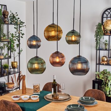 Koyoto hanging light, globe light, pendant light blue, gold, green, coppery, 6-light sources