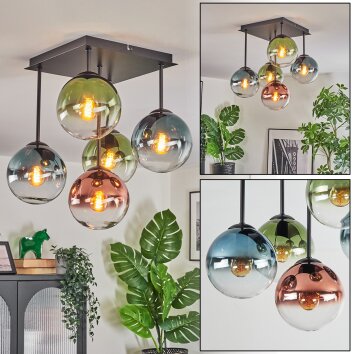 Gastor ceiling light, globe light blue, green, clear, coppery, 5-light sources