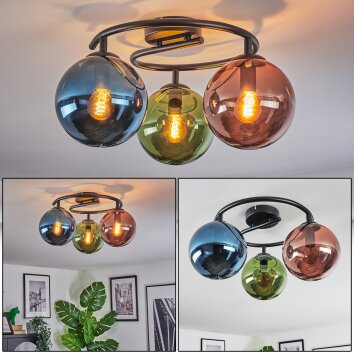 Gastor ceiling light, globe light 37 cm blue, green, coppery, 3-light sources