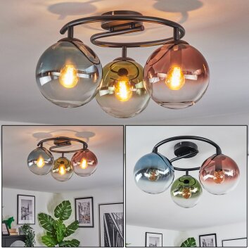 Gastor ceiling light, globe light 37 cm blue, green, clear, coppery, 3-light sources