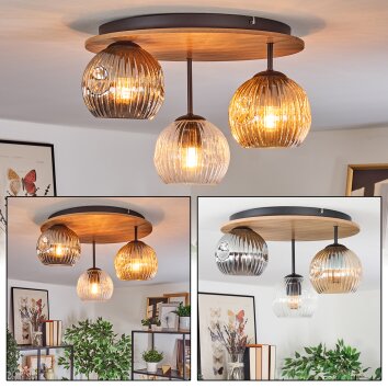 Ripoll ceiling light, globe light brown, Wood like finish, black, 3-light sources