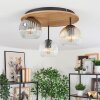 Ripoll ceiling light, globe light brown, Wood like finish, black, 3-light sources