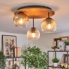 Ripoll ceiling light, globe light brown, Wood like finish, black, 3-light sources
