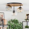 Ripoll ceiling light, globe light brown, Wood like finish, black, 3-light sources