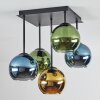 Koyoto ceiling light, globe light blue, gold, green, 5-light sources