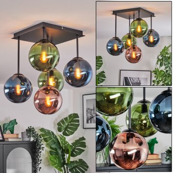 Gastor ceiling light, globe light blue, green, coppery, 5-light sources
