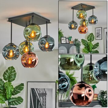 Ripoll ceiling light, globe light blue, green, coppery, 5-light sources