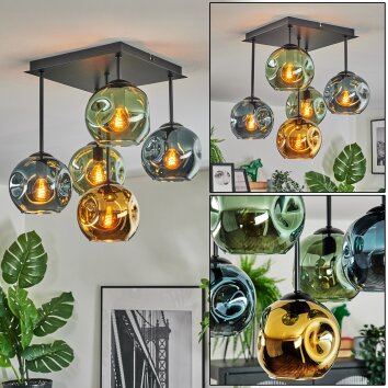 Ripoll ceiling light, globe light blue, gold, green, 5-light sources