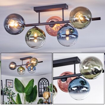 Chehalis ceiling light, globe light blue, green, clear, coppery, 5-light sources