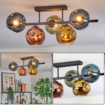 Ripoll ceiling light, globe light blue, gold, green, coppery, 5-light sources
