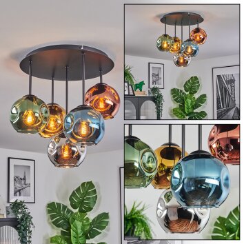 Ripoll ceiling light, globe light blue, chrome, gold, green, coppery, Smoke-coloured, 5-light sources