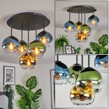 Koyoto ceiling light, globe light 45 cm blue, gold, green, clear, 5-light sources