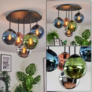 Gastor ceiling light, globe light blue, chrome, green, coppery, Smoke-coloured, 5-light sources