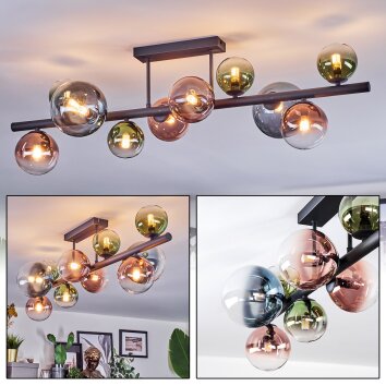 Chehalis ceiling light, globe light blue, green, clear, coppery, 10-light sources