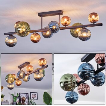 Chehalis ceiling light, globe light blue, green, coppery, 10-light sources