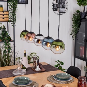 Gastor hanging light, globe light, pendant light blue, chrome, green, clear, coppery, Smoke-coloured, 5-light sources