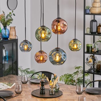 Ripoll hanging light, globe light, pendant light blue, green, coppery, 6-light sources