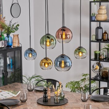 Koyoto hanging light, globe light, pendant light blue, gold, green, clear, coppery, 6-light sources